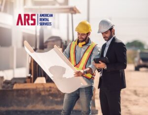 construction workers checking site plans. Rent equipment to increase your rental inventory with ARS.